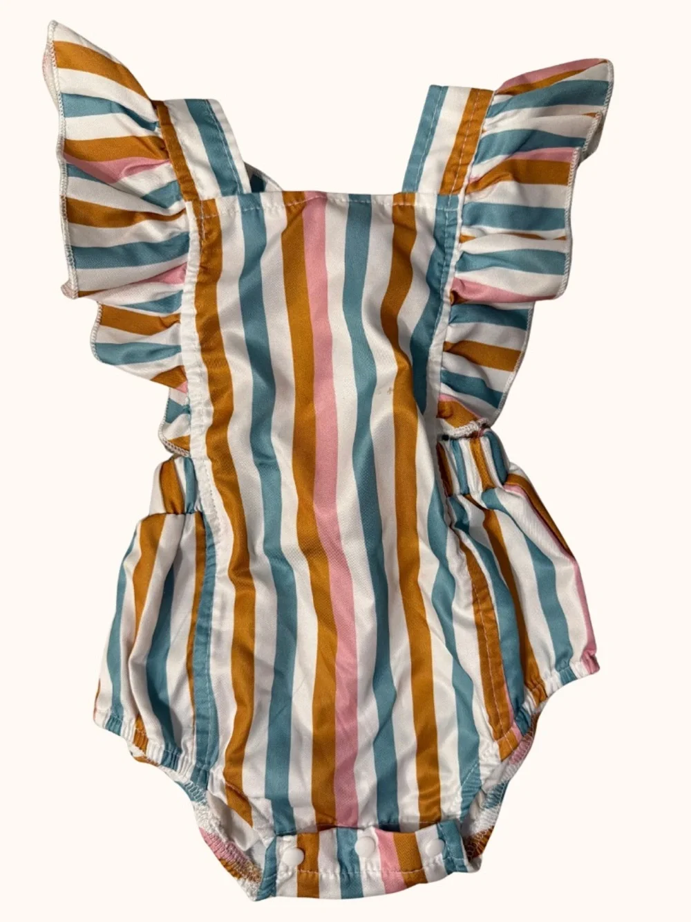 SHEIN Striped Ruffle-Shoulder One-Piece - Teal, Mustard & Pink